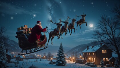  Close-up of Santa in his sleigh in the night sky, Reindeer leading, Clouds softly illuminated by the moon, Crisp winter air, Starry background with a magical feel 