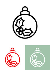 Decoración de Navidad. Logo con bola de navidad con hojas de acebo y bayas con línea exterior para tarjetas y felicitaciones