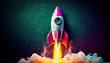 Vibrant Rocket Launching Against Dark Background