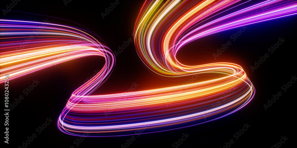 Aufkleber 3d render. abstract neon background. dynamic lines glowing in the dark with floor reflection. colorf