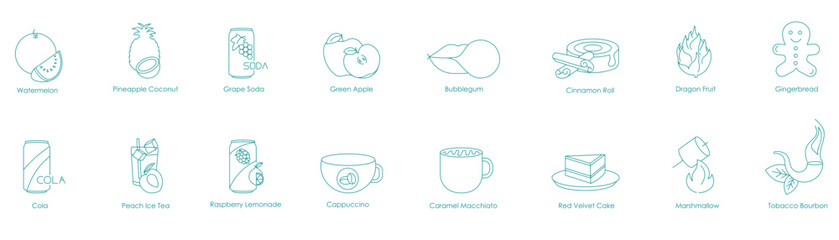Watermelon, Pineapple Coconut, Grape Soda, Green Apple, Bubble Gum, Cinnamon Roll, Dragon Fruit, Gingerbread, Cola, Peach Ice Tea, Raspberry Lemonade, Cappuccino, Caramel Macchiato vector icons