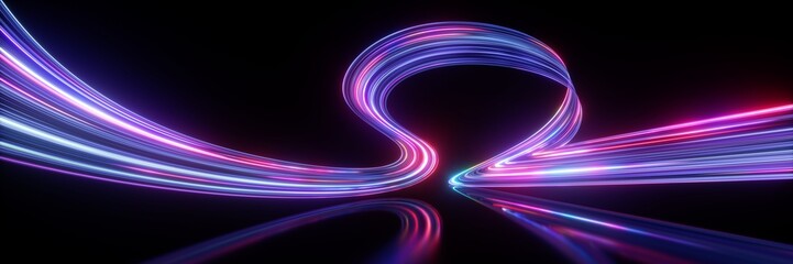 3d render. Abstract neon background. Fluorescent ines glowing in the dark room with floor reflection. Virtual dynamic ribbon. Fantastic panoramic wallpaper. Energy concept