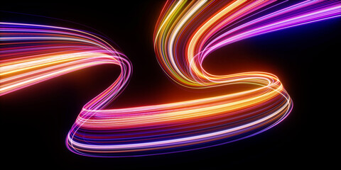 3d render. Abstract neon background. Dynamic lines glowing in the dark with floor reflection. Colorful curvy ribbon © NeoLeo