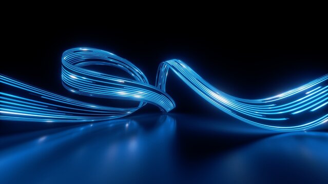 3d render, abstract background. Curvy neon ribbon with glowing lights. Telecommunication and internet technology concept. Data transfer metaphor. Particles moving and leaving glowing tracks