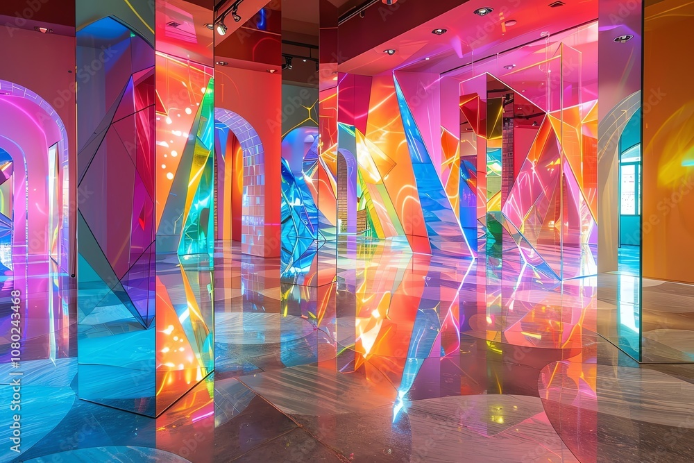 Poster a colorful and abstract installation of mirrored surfaces creates a kaleidoscope of reflections and 
