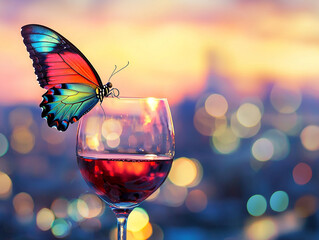 Colorful butterfly landing on the edge of a glass of red wine, bokeh background with space for text