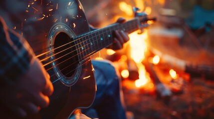 Fototapeta premium Close-up photo of a person playing guitar by the warmth of a campfire