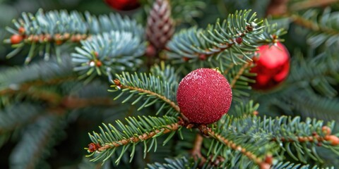 A close-up shot of a decorated Christmas tree with red ornaments