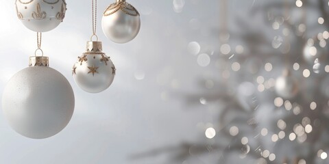 Christmas decorations on a tree with white ornaments, perfect for holiday scenes and celebrations