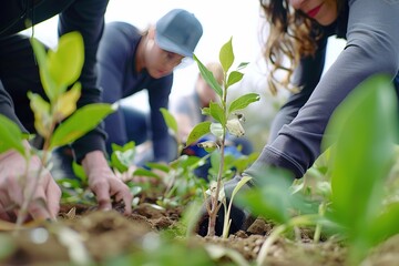 Fototapeta premium Local Community Planting Trees to Enhance Green Spaces