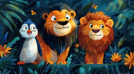 Modern cartoon zoo with happy penguins. AI generated