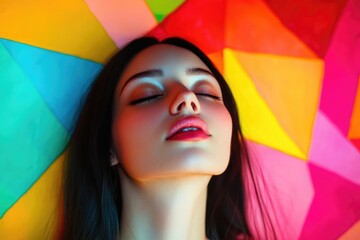 A woman is lying down with her eyes closed, surrounded by a vibrant and colorful umbrella