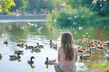 Young Girl Feeding Ducks at Park Pond