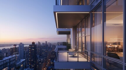 Fototapeta premium Stunning Urban Balcony with Cityscape View at Sunset