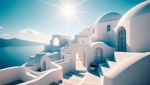 Minimalist white buildings with smooth curves and arches under bright sunlight on Santorini island, Greece, capturing iconic Cycladic architectural beauty
