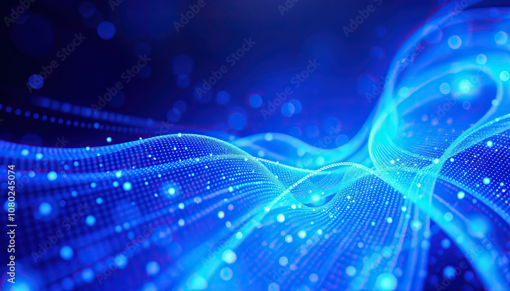 Poster blue digital wave particles technology futuristic data flow cyber security energy visualization motion design tech background abstract