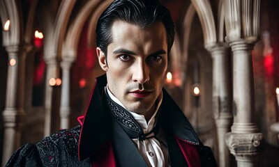 Handsome man in a black and red costume, standing in a dark, stone hallway with candles. - Powered by Adobe