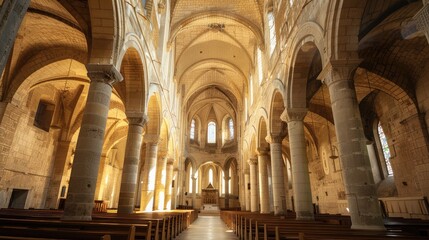 Fototapeta premium Serene Interior of a Historic Church Bathed in Warm Light