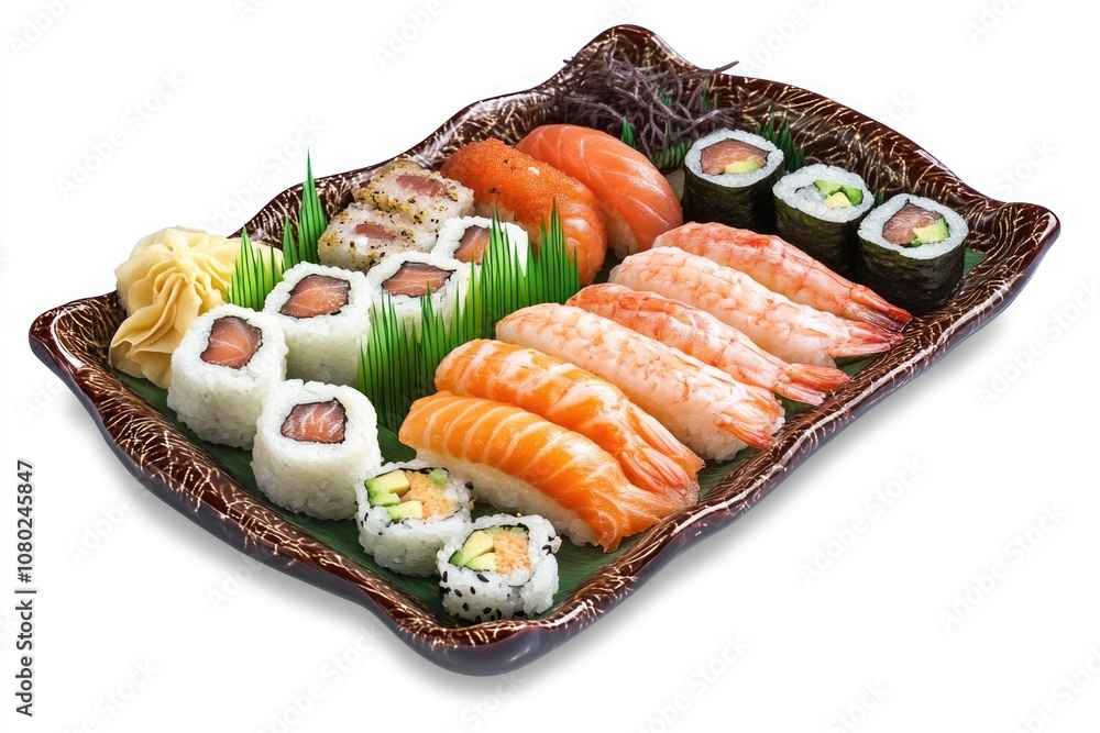 Poster a selection of sushi and rolls on a clean white surface