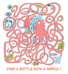 Mother octopus needs to feed her baby. Help her not to get tangled in the tentacles and find the bottle with a nipple. Vector maze. © Оксана Чумакова