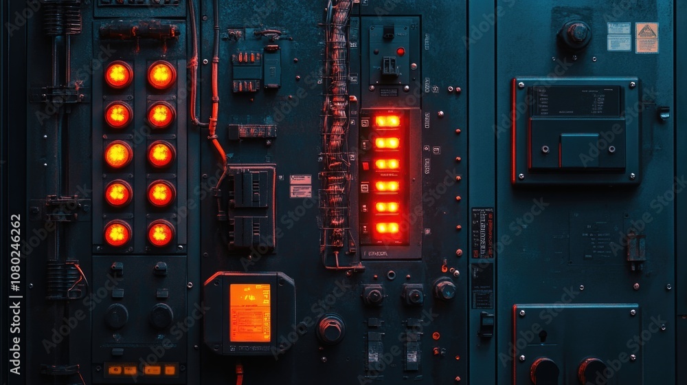 Poster a detailed shot of a control panel with red warning lights, suitable for use in industrial or techni