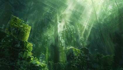 Sunbeams Illuminating Ancient Stone Ruins Overgrown with Lush Green Vegetation