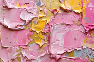 Obraz premium Close up view of a painting featuring pink and yellow colors