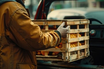 A person standing at the back of a vehicle, holding a crate of oranges