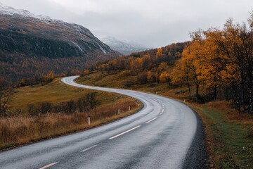 A Winding Road Through a Vibrant Autumn Landscape in a Mountainous Region Under Overcast Skies