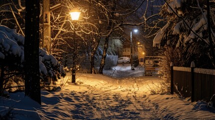 A snowy path leading up to a street light in the distance, great for winter scenes or urban landscapes