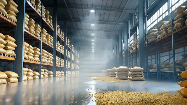 Modern warehouse with bags of corn or rice in storage facility	
