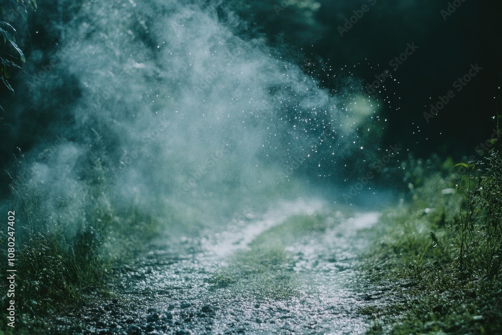 Poster a wet road surrounded by trees and foliage in a forest environment