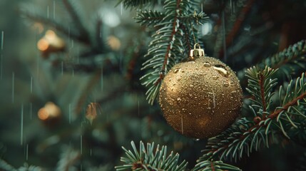 A golden Christmas decoration hangs from a tree branch