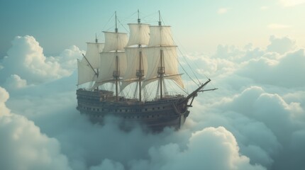 Naklejka premium A Wooden Ship Sailing Through the Clouds