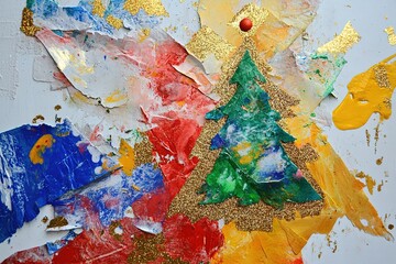 A simple art project for children, using a torn paper collage style with the theme of a Christmas tree. Each piece is painted in different colors and textured 