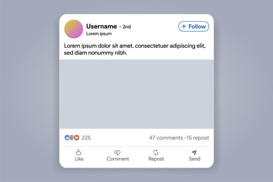 Linkedin post templates. Social media blogpost frame. X like, share repost, comment. Blank blog publication. Find job offer banner. Vector illustration.