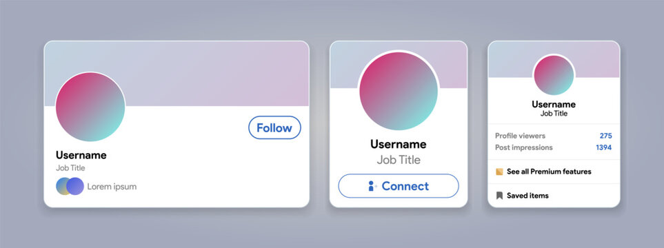 Linkedin account interface. Social media CV, portfolio of specialist. Career profile card with avatar and banner. Connect and follow user. Find a job or worker. Vector illustration.