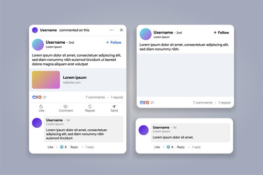  Linkedin responsive post templates. Social media blogpost frame. X like, share repost, comment. Blank blog publication. Find job offer banner. Vector illustration.