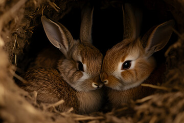 Obraz premium A family of rabbits cuddled together in a cozy burrow, illustrating warmth and companionship. Rabbits snuggling in their home.