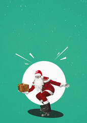  Santa Claus drive on the skateboard delivering gifts. Flat art design poster with copy space.