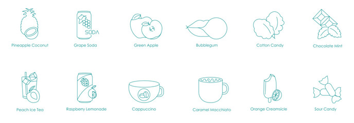 Pineapple Coconut, Grape Soda, Green Apple, Bubble Gum, Cotton Candy, Chocolate Mint, Peach Ice Tea, Raspberry Lemonade, Cappuccino, Caramel Macchiato, Orange Creamsicle, So Candy Vape Icon Set 