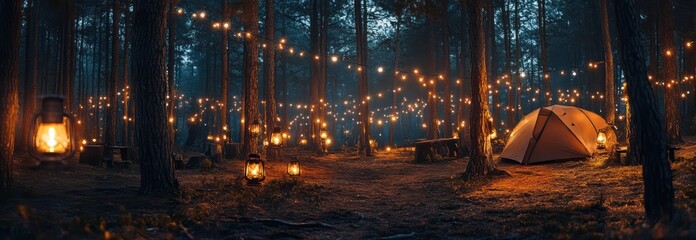 A serene camping scene with tents and a lantern on a forest deck, under a twilight sky adorned with string lights.