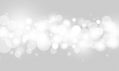 Abstract white glowing bokeh light effect, blur lens flare overlay texture, spot light sparkle or shiny christmas glittering beam on white transparent background. Seamless new year or xmas party bokeh