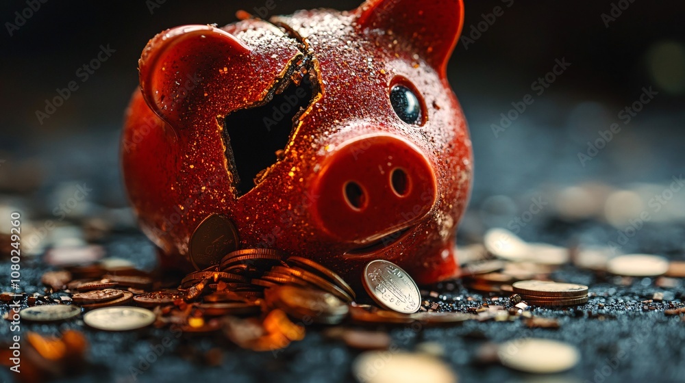 Poster broken piggy bank with scattered coins around it on a plain surface depicting the loss of savings an