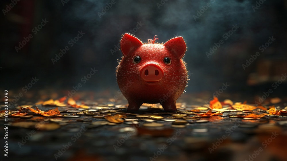 Poster broken piggy bank with scattered coins around it on a plain surface depicting the loss of savings an