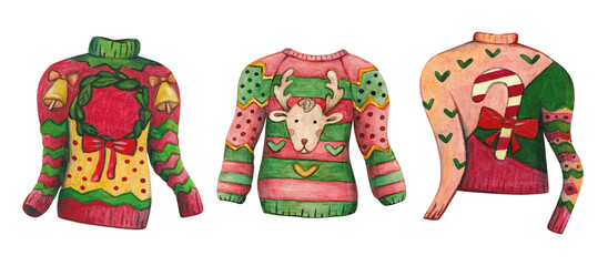 Set of watercolor illustrations of knitted ugly Christmas sweaters with ornaments