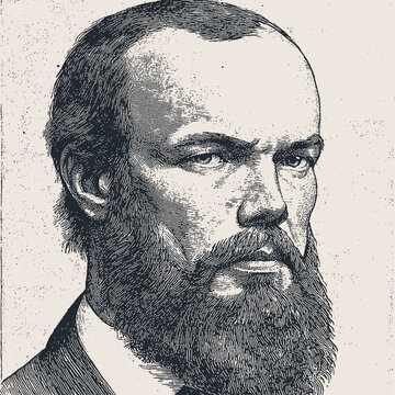 Portrait of Fyodor Dostoevsky, a 19th century Russian writer, engraving style, vector illustration