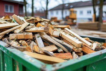 A pile of wood is placed in a green bin, ready for disposal or recycling