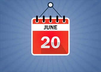 June 20, Calendar hanging sign. 20th days of the month, modern illustration. Date day of week Sunday, Monday, Tuesday, Wednesday, Thursday, Friday, Saturday. Flat style