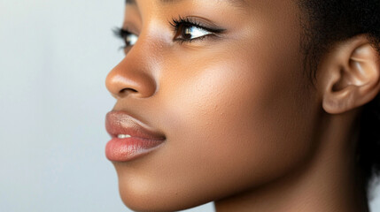 Fototapeta premium Close-up of a side profile with lips parted, gaze focused inward.